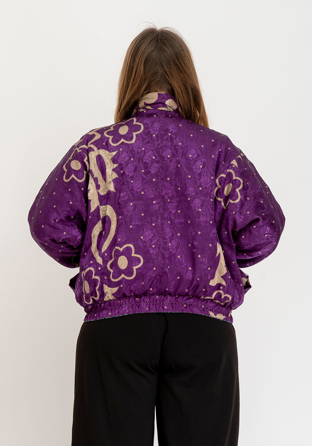 Wende-Bomberjacke aus Vintage-Sari – Violett-Mosaik &amp; Kräftige Florals