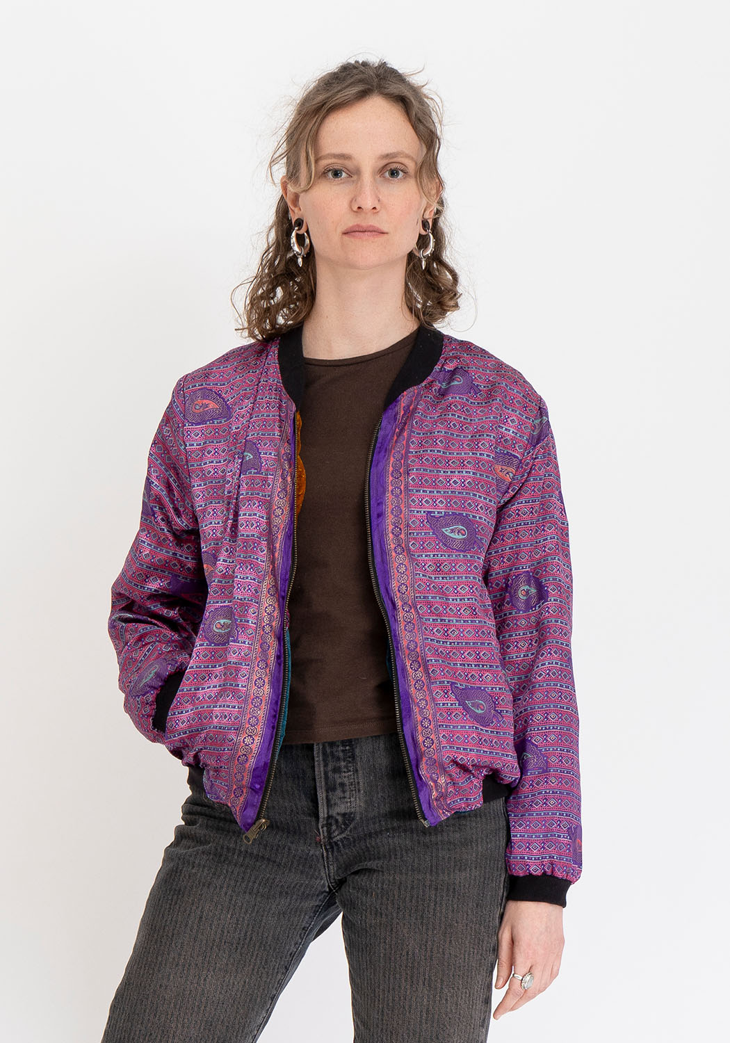 Wendbare 90s Bomberjacke in Senfgelb und Petrol mit Vintage-Sari-Detail