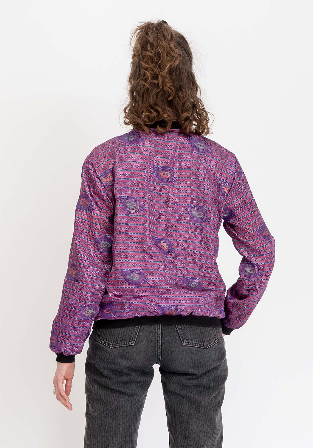 Wendbare 90s Bomberjacke in Senfgelb und Petrol mit Vintage-Sari-Detail