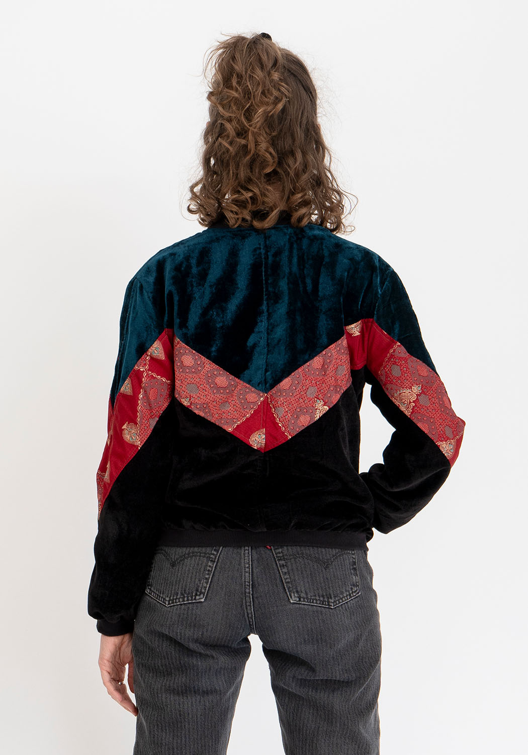 Wendbare 90s Bomberjacke aus Vintage-Sari-Stoff in Petrol und Schwarz